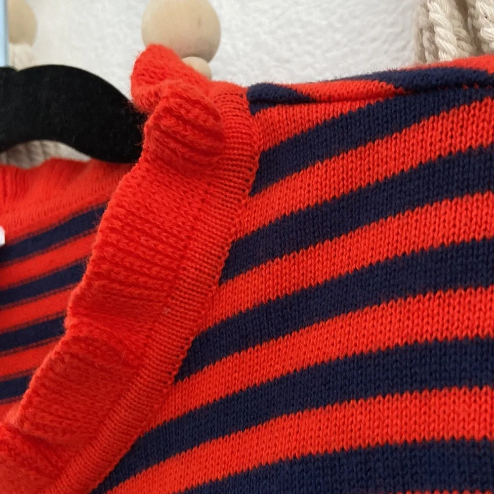 Gymboree girls striped sweater orange red and navy blue ruffle neck size M 7/8